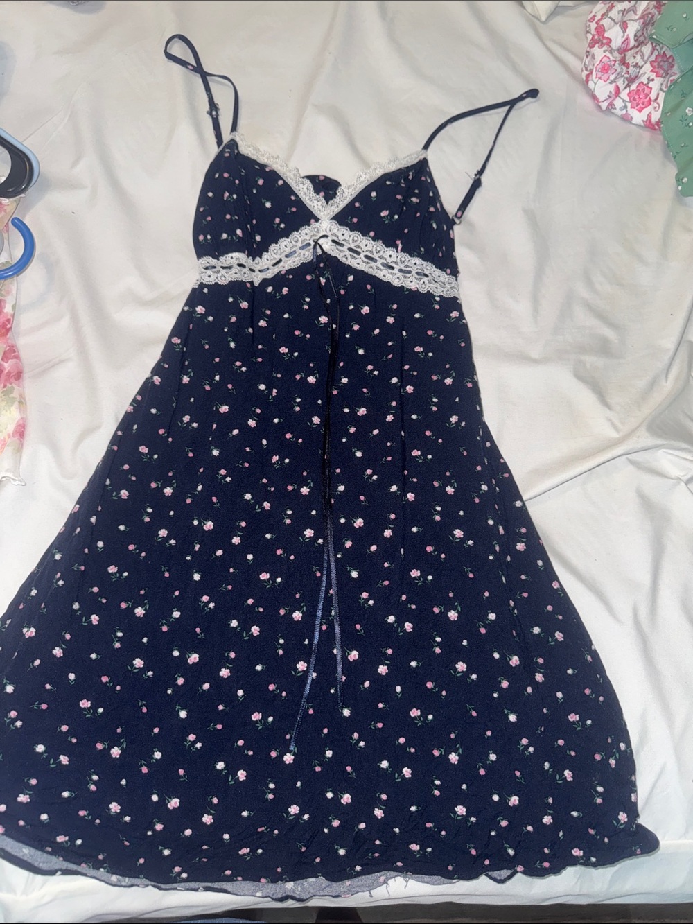 Hollister Navy Mini Dress with Pink Floral and Lace Trim